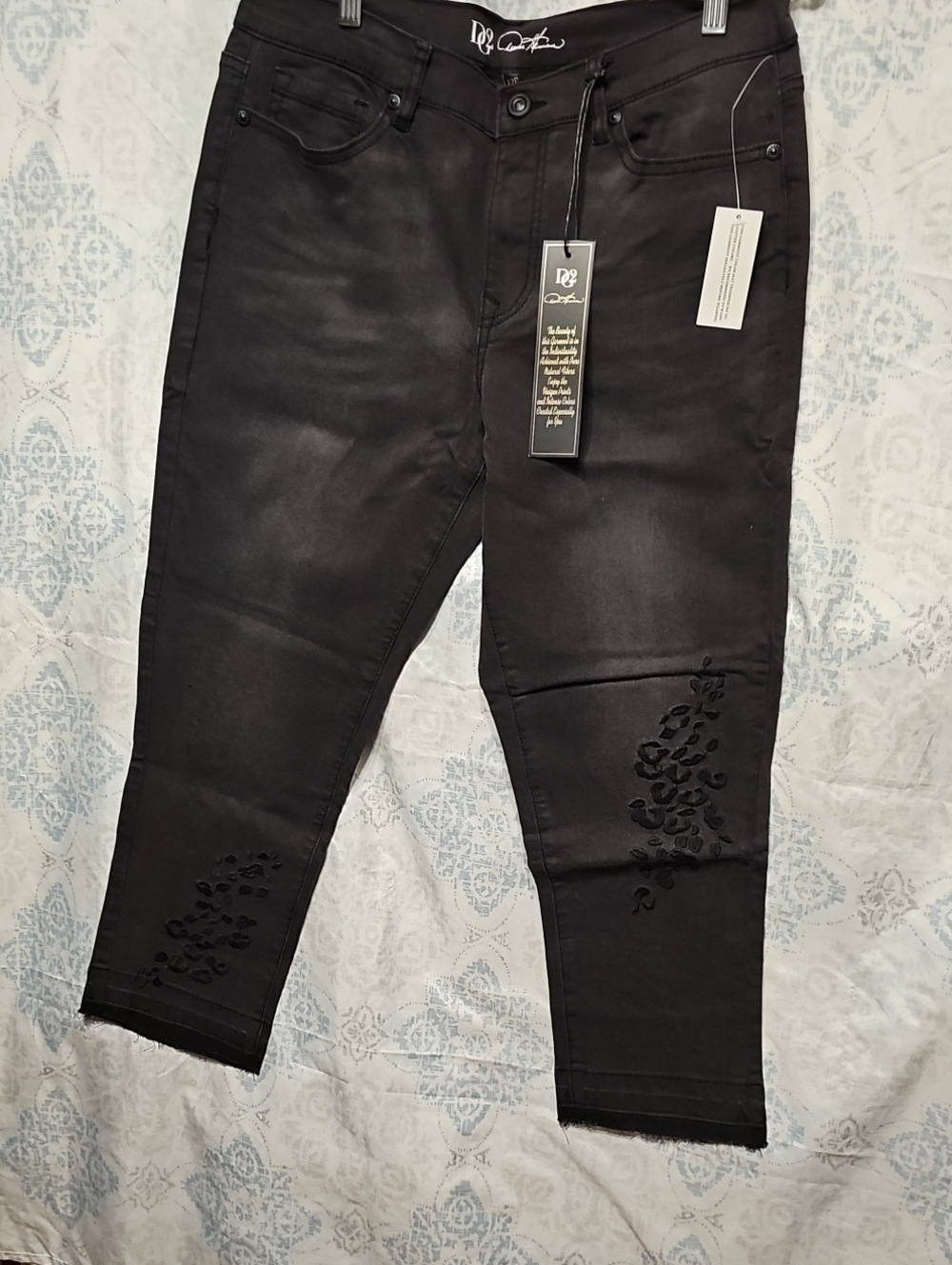 DG2- Black Embroidered Leopard Print Raw Edge Jeans - Picture 2 of 8